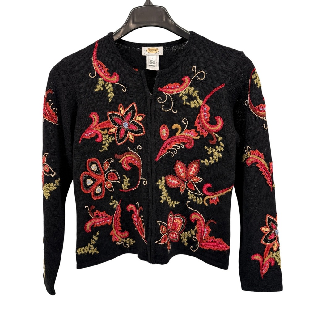 Talbots Petite Cardigan Womens Medium Pre-Owned Sweater Black Floral Embroidered
